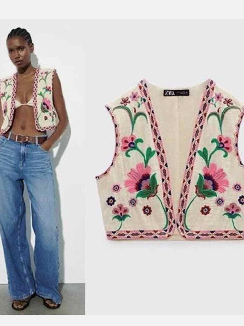 Zara Cream Embroidered Floral Sleeveless Vest with Pink & Green Accents